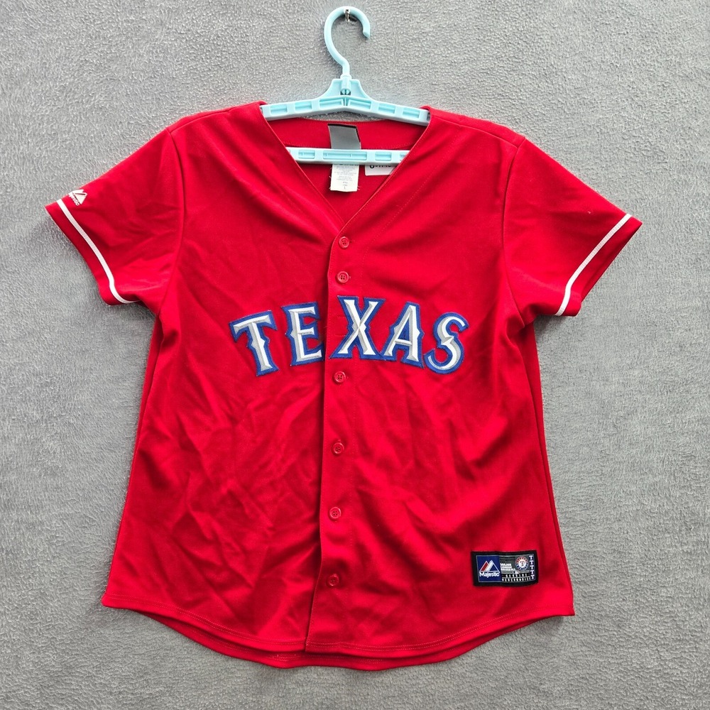 VINTAGE Texas‎ Rangers Boys Baseball Jersey Large Red Button Up Logo Majestic